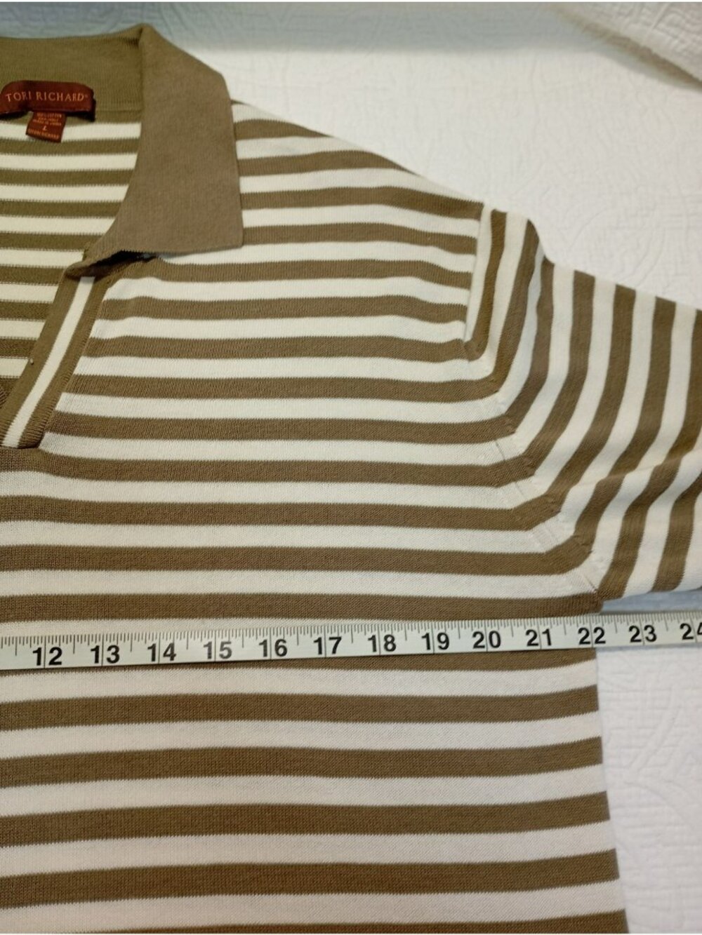 Tori Richard Mens Brown & White Striped Short Sleeve Polo Shirt Size L 100% Cott - Picture 7 of 8